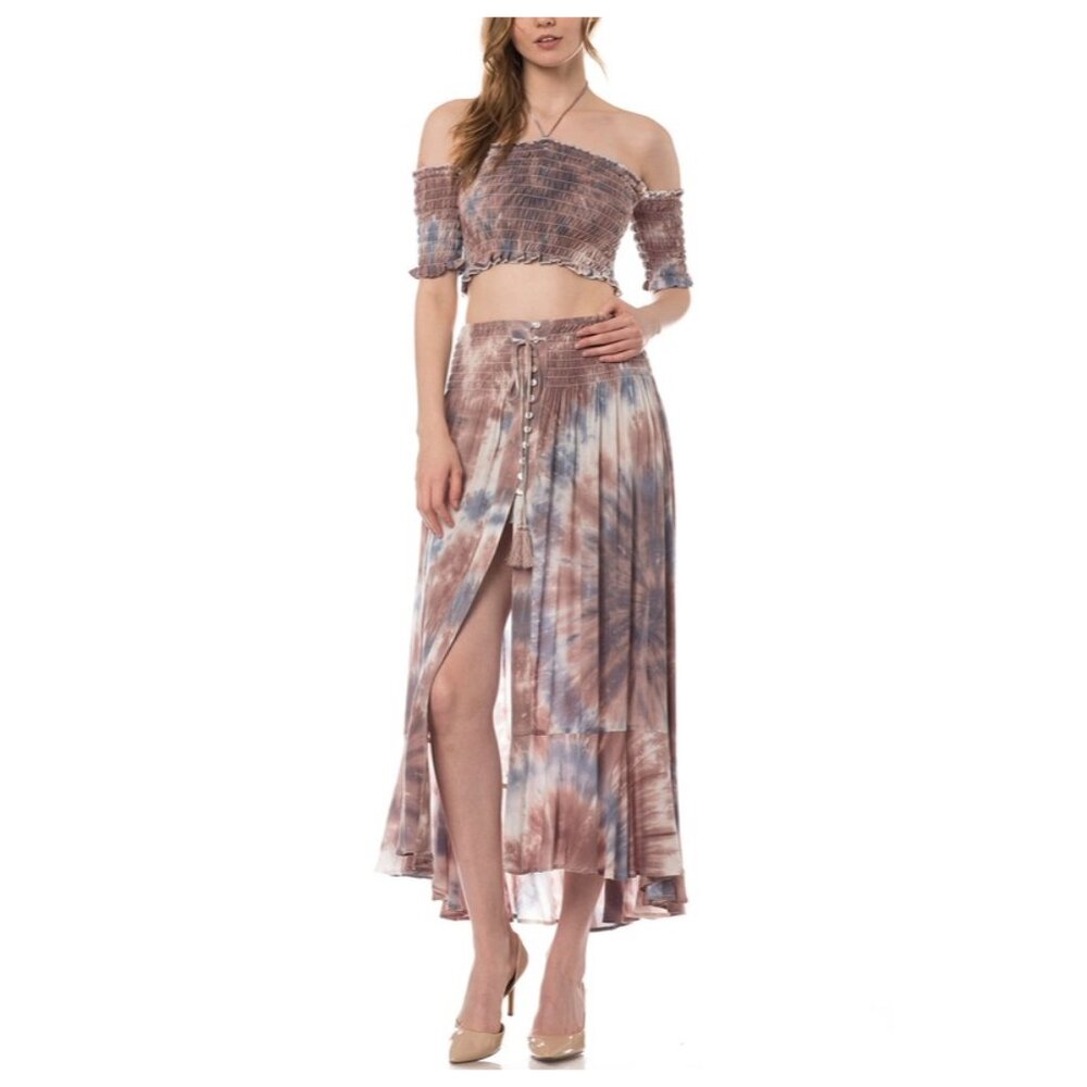 Olivaceous Brown & Blue Tie Dyed Button Up Midi Skirt & Top Set